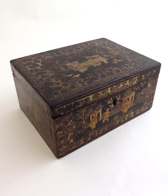 A 19th papier-mache and lacquer Cantonese Chinoiserie C: A 19th papier-mache and lacquer Cantonese Chinoiserie Chinese export box 8 5/8" wide