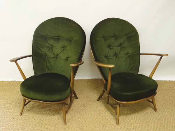 Vintage Retro : Ercol , a pair of Windsor Armchairs wit: Vintage Retro : Ercol , a pair of Windsor Armchairs with Fleur de Lys motif ( no 233 ) and loose cushions with covers.