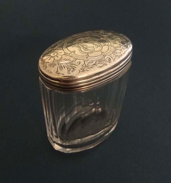 A glass dressing table jar with HM silver top: A glass dressing table jar with HM silver top Birmingham 1900 maker William Harrison Walter 3 1/2" high