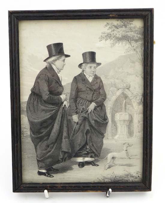 A 19thC stone lithograph depicting the Ladies of: A 19thC stone lithograph depicting the Ladies of Llangollen, stated verso also 'The Rt. Hon Elinor Butler and N C Ponsonby' 8 1/2" x 6 1/2"