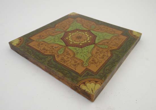 A 19thC Arts and Crafts Tile : ' THE CAMPBELL TILE CO.: A 19thC Arts and Crafts Tile : ' THE CAMPBELL TILE CO. STOKE UPON TRENT ' a glased earthenware tile marked verso , circe 1882-1890 , 6 1/8" sq