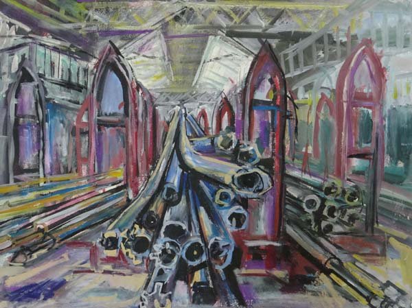 David Smith (1920-1998) Mixed Media Industrial School : David Smith (1920-1998) Mixed Media Industrial School A Steel Worker's Interior Labelled verso 22 x 29"