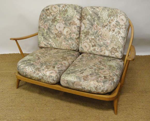 Vintage Retro : Ercol ( brown on gold) Windsor settee w: Vintage Retro : Ercol ( brown on gold) Windsor settee with blonde wood stick back construction with twin back supports and open arms. approximately 48" wide £60 - 80