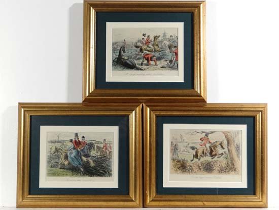 Hunting :Three hand coloured etchings for 19th Century: Hunting :Three hand coloured etchings for 19th Century edition of 'Mr Facey Romford's Hounds' by Robert Smith Surtees; " 'Rot the Beggar' exclaims Romford", by Hablot Knight Browne (Phiz) 1815-1892; '