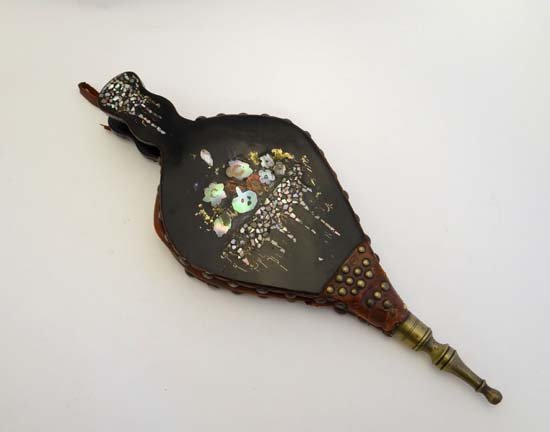Fire bellows : A pair of 19thC fire bellows with: Fire bellows : A pair of 19thC fire bellows with lacquer abalone and mother of pearl with handle painted decoration. 15 1/8" long £25 - 35