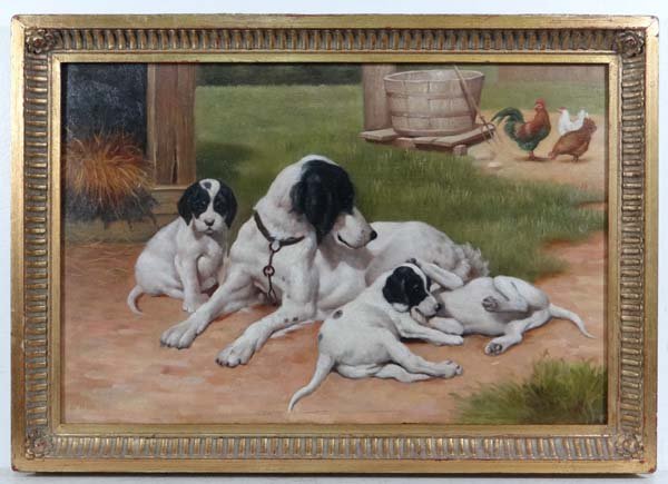 Continental School XX Oil on mahogany panel A tethered: Continental School XX Oil on mahogany panel A tethered Spaniel dog and her three pups 11 3/4 x 17 3/4" £200 - 300