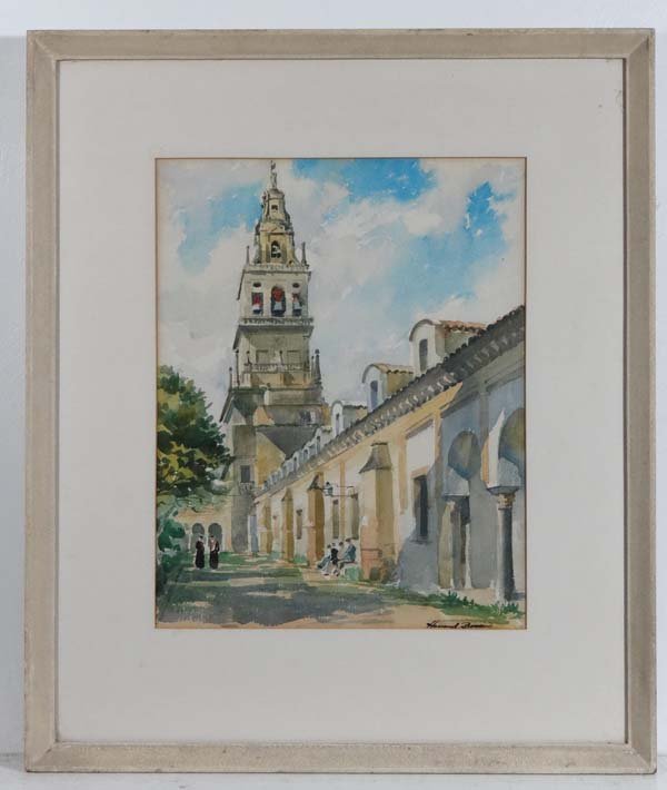 Howard Bowen early XX Continental School Pencil and: Howard Bowen early XX Continental School Pencil and watercolour Figures besides a Mediterranean Bell Tower Signed lower right 15 3/4 x 12 1/2" Bears 'James Bourlet & Sons' ( Exhibition ?) label verso 