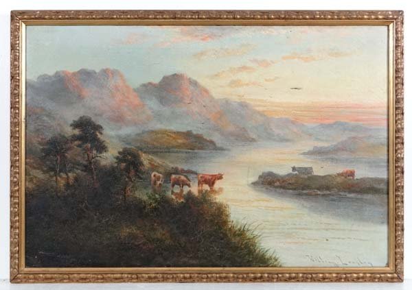 William Langley (1852-1922) Oil on canvas A highland: William Langley (1852-1922) Oil on canvas A highland Loch with cattle watering Signed lower right 16 x 24" Bears ' Gladwell & Co ' label verso £100 - 150