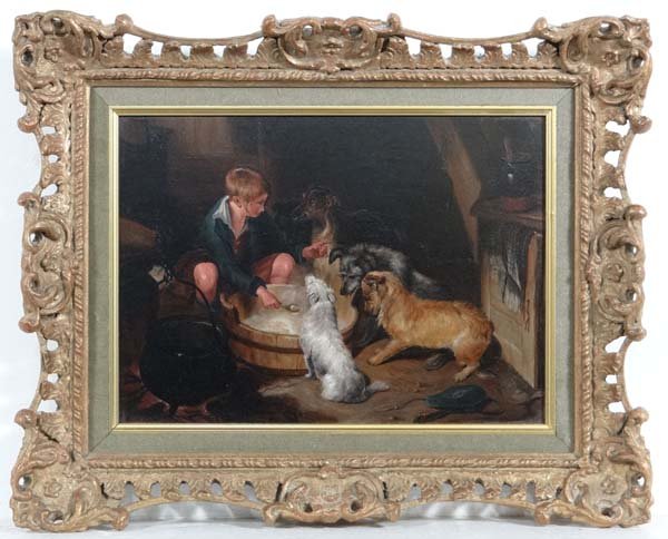 Robert Harvey after Edwin Landseer XIX Scottish Oil on: Robert Harvey after Edwin Landseer XIX Scottish Oil on board ' The Highland Breakfast ' Signed lower middle and dated 1868 Labelled verso 9 x 12 1/2" £100 - 200