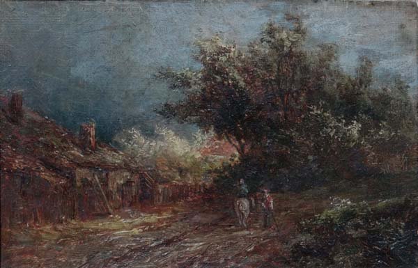 Joseph Thors (Act.1863-1890) Birmingham School Oil on: Joseph Thors (Act.1863-1890) Birmingham School Oil on canvas board circa 1885 Figure on horseback conversing outside country Cottages Unsigned but bears old inscription verso ' Presented to ' Mrs Clay