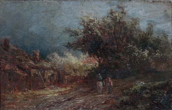 Joseph Thors (Act.1863-1890) Birmingham School Oil on: Joseph Thors (Act.1863-1890) Birmingham School Oil on canvas board circa 1885 Figure on horseback conversing outside country Cottages Unsigned but bears old inscription verso ' Presented to ' Mrs Clay