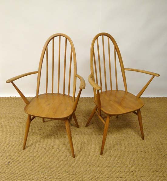 Vintage Retro : English Ercol Blue (1960) a pair of: Vintage Retro : English Ercol Blue (1960) a pair of white wood Quaker Windsor Carver chairs (no. 364a) £80 - 120