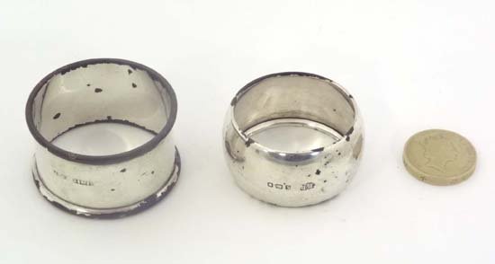 2 HM silver napkin rings London 1944 maker Robert: 2 HM silver napkin rings London 1944 maker Robert Pringle & Sons and Birmingham 1956 maker John Thompson & Sons (2) (22g) £15 - 25