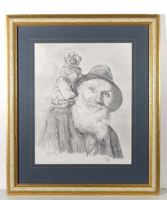 W Adams (XX) Pencil drawing ' Survivors Poland 1945': W Adams (XX) Pencil drawing ' Survivors Poland 1945' Portrait of a man wearing a hat with a pet monkey perched on his shoulder. Signed and dated 1989 lower right 12 1/2" x 9 3/4" Please Note - Prospec