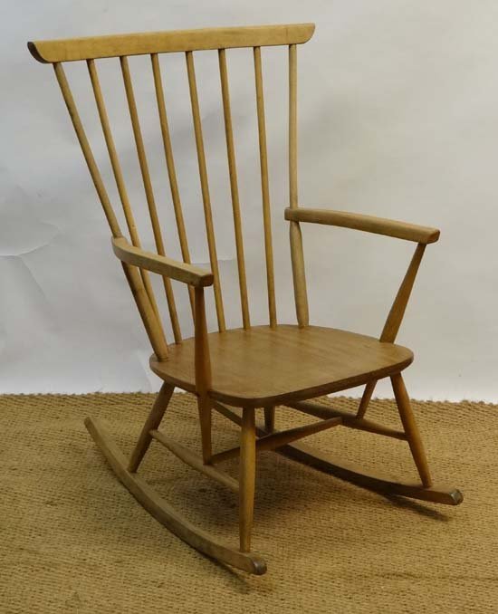 Vintage retro : Ercol Concept Chair? A white wood circa: Vintage retro : Ercol Concept Chair? A white wood circa 1972 Windsor Tall Back, Comb Back Rocking Chair with open arms, purposely unmarked. Approximately 40" high. Please Note - Prospective purchasers