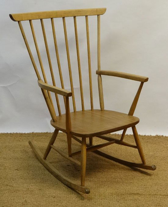 Vintage retro : Ercol Concept Chair? A white wood circa: Vintage retro : Ercol Concept Chair? A white wood circa 1972 Windsor Tall Back, Comb Back Rocking Chair with open arms, purposely unmarked. Approximately 40" high. Please Note - Prospective purchasers