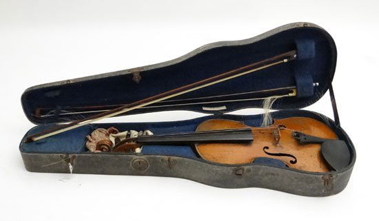 Violin : a violin measuring 14 5/8" including button: Violin : a violin measuring 14 5/8" including button and 23 1/2" overall having a WE Hill & Sons Bridge cased together with 2 bows, one snakewood and ivory foot ( with inlaid abalone ) one 29" long th