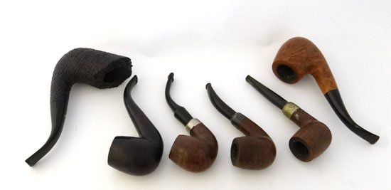 Smoking Pipes : Six pipes comprising 3 silver collared: Smoking Pipes : Six pipes comprising 3 silver collared examples and 3 without , one marked H Simmons .