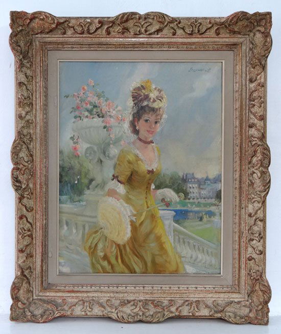 John Strevens (1902 - 1990) Oil on canvas, Paris, "In : John Strevens (1902 - 1990) Oil on canvas, Paris, "In the Luxembourg Gardens" , lady in a yellow dress, Signed upper right and the title and on the canvas verso, 17 ½" x 13 ¼"