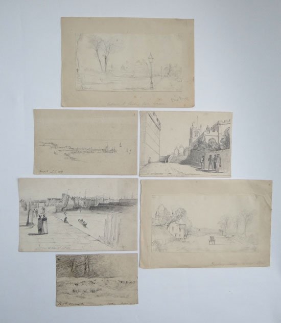 Folio of six XVII- XIX signed pencil drawings : Signed: Folio of six XVII- XIX signed pencil drawings : Signed J.C. ( possibly John Constable 1776-1837) 'Margate 1807' Patrick Nasmyth ( 1787-1831) ' Copethorn Sussex ( now Copthorn ) Francis Leggatt Chantry