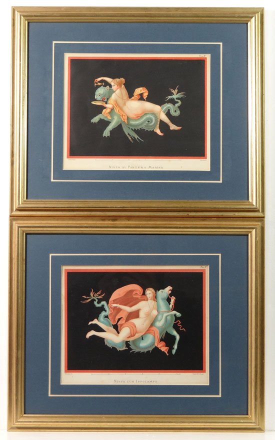 Victor Steeger (XIX), A pair of gilt framed 19thC chro: Victor Steeger (XIX), A pair of gilt framed 19thC chromolithographs Italian frescoes from Pompei 'Ninfa su Pantera Marina' (Nymph with marine panther) and 'Ninfa Con Ippocampo' (Nymph with mythical se