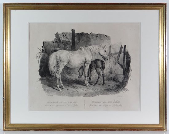Gottfried Engelman after Victor-Jean Vincent Adam (1801: Gottfried Engelman after Victor-Jean Vincent Adam (1801-1866) French Monochrome lithograph 'Primrose Et Son Poulin' ( mare and foal within in a stable ) 14 x 17 1/4"