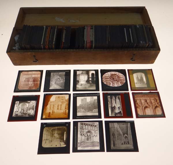 Victorian and later glass photographic slides : 1 x: Victorian and later glass photographic slides : 1 x Box containing 125 ML slides to include ships / boats / people / microscopic / comic / story sets / church and cathedral ,approximately 125 slides �