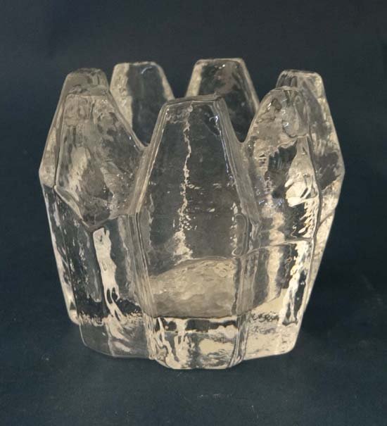 Vintage Retro : A Lindshammar Sweden castelated clear: Vintage Retro : A Lindshammar Sweden castelated clear glass tea light / candle holder in the manner of Christer Sjogren. 3" high Please Note - Prospective purchasers must satisfy themselves as to the