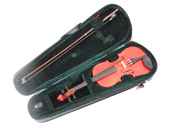 Musical Instruments : A cased Chinese student's violin: Musical Instruments : A cased Chinese student's violin , with unsigned bow. 21" overall Please Note - Prospective purchasers must satisfy themselves as to the condition of lots prior to bidding £30 -