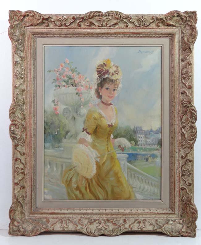 John Strevens (1902 - 1990), Oil on canvas, Paris, ": John Strevens (1902 - 1990), Oil on canvas, Paris, " In the Luxembourg Gardens " , Lady in a yellow dress, Signed upper right and the title and the artist's signature also written on the canvas verso,