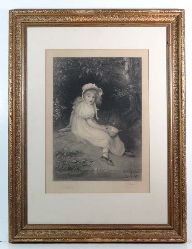 After John Everett Millais (1829 - 1896) Black and: After John Everett Millais (1829 - 1896) Black and white engraving 'Little Miss Muffet' after Millais' oil painting of 1884 Signed in pencil lower left by Millais and with an attribution in Millais' h