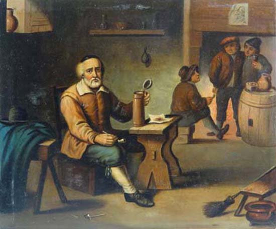 XVII Dutch ? / Lowlands School Oil on tin Interior: XVII Dutch ? / Lowlands School Oil on tin Interior scene with figure holding a clay pipe and a lidded stein , figures standing beside a roaring fire etc. 6 3/4 x 8" £150 - 250
