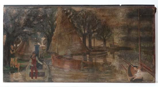 Inscribed William Frederick Mayor (1866-1916) Early: Inscribed William Frederick Mayor (1866-1916) Early Art Deco British School Oil on canvas A river landscape with steam launch, three yachts , bathers and figures Possibly signed lower left and inscrib