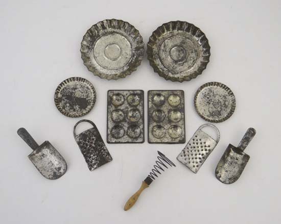 A set of dolls house baking implements, to include: A set of dolls house baking implements, to include muffin trays , graters , flour scoops , whisk and dishes (11 items) £25 - 35