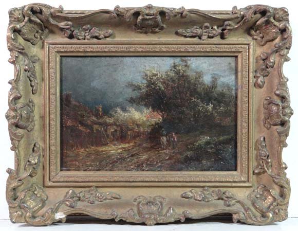 Joseph Thors (Act.1863-1890) Oil on canvas board circa: Joseph Thors (Act.1863-1890) Oil on canvas board circa 1885 Figure on horseback conversing outside country Cottages Unsigned but bears old inscription verso ' Presented to ' Mrs Clay from Mr. Thors, 4