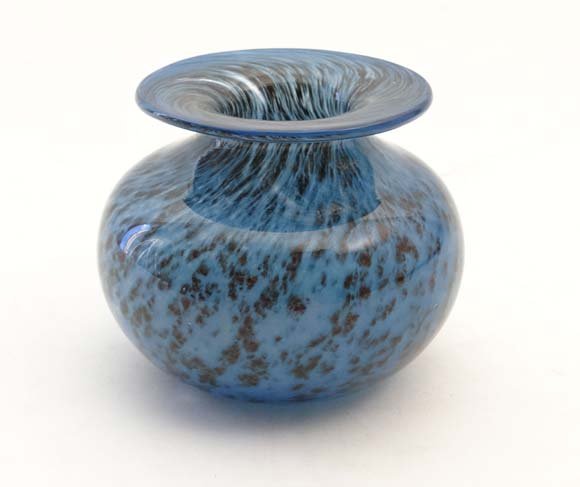 Vintage Retro : a Bertil Vallien glass designer for: Vintage Retro : a Bertil Vallien glass designer for Boda Sweden blue spotted grey art glass squat bulbous vase, marked under ' Boda B Vallien Y2663' , 4 1/2" wide and 3 3/4" high Please Note - we do n