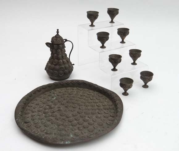 WWI : An unusual Ottoman / North African Trenchart: WWI : An unusual Ottoman / North African Trenchart coffee pot , tray and eight cups , each item wholly decorated with military tunic buttons , the buttons with images of crescent , star and cannon. tr