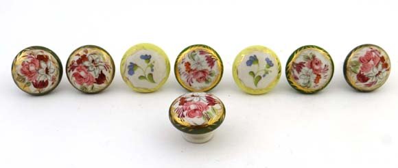 Eight 19thC handpainted ceramic doorknobs with floral: Eight 19thC handpainted ceramic doorknobs with floral and gilt decoration Please Note - we do not make reference to the condition of lots within catalogue descriptions. We are however happy to provide