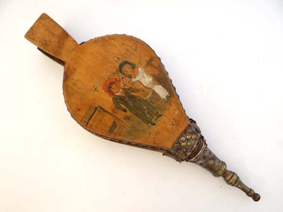 A c.1830 pair of bellows with polychrome hand painted: A c.1830 pair of bellows with polychrome hand painted decoration of children and bat and leather and brass stud decoration 13 3/4" long Please Note - we do not make reference to the condition of lots