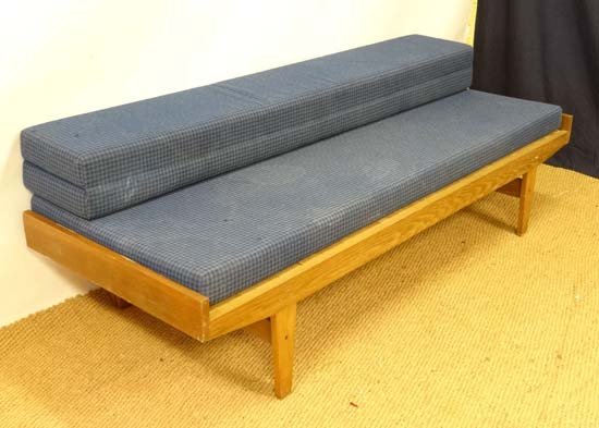 Vintage Retro : A Danish Teak Day Bed converting into a: Vintage Retro : A Danish Teak Day Bed converting into a settee / couch with blue checkered upholstery . 76 3/4 " wide and 29 1/2" , deep 17 1/2" high Please Note - we do not make reference to the cond