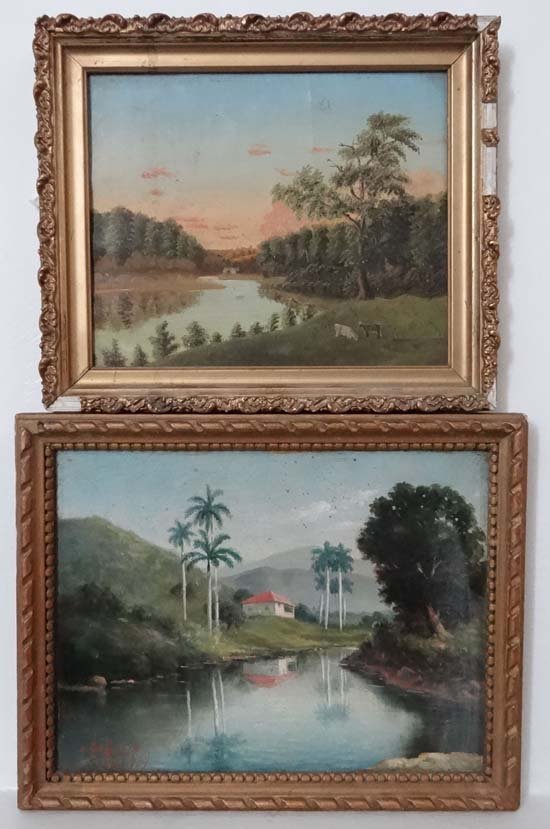 Juan Gil Garcia (1879-1932) Cuban Oil on canvas A Cuban: Juan Gil Garcia (1879-1932) Cuban Oil on canvas A Cuban homestead besides a river inlet with Palm trees etc Signed lower left , dated ' 1929' and titled ' Cuba ' lower left 8 1/4 x 10 1/2 together wit