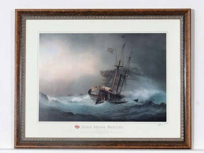 RNLI Signed Marine Print ' The wreck of the Steam: RNLI Signed Marine Print ' The wreck of the Steam Packet Thames 4 th January 1841 , Isles of Scilly........' Signed in pencil under lower right, Bears '1992 Tim Thompson ..' printing lower left Apertu