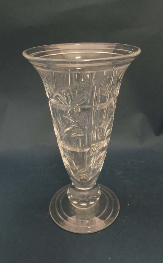 Stuart England : A clear crystal vase with cut: Stuart England : A clear crystal vase with cut decoration . Marked under 7 1/4" high