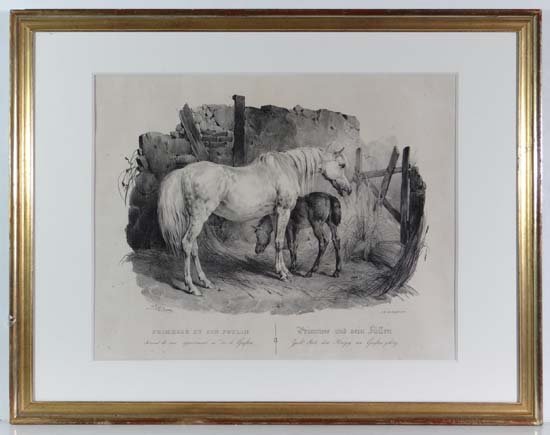 Gottfried Engelman after Victor-Jean Vincent Adam: Gottfried Engelman after Victor-Jean Vincent Adam (1801-1866) French Monochrome lithograph 'Primrose Et Son Poulin' ( mare and foal within in a stable ) 14 x 17 1/4" Please Note - we do not make refer