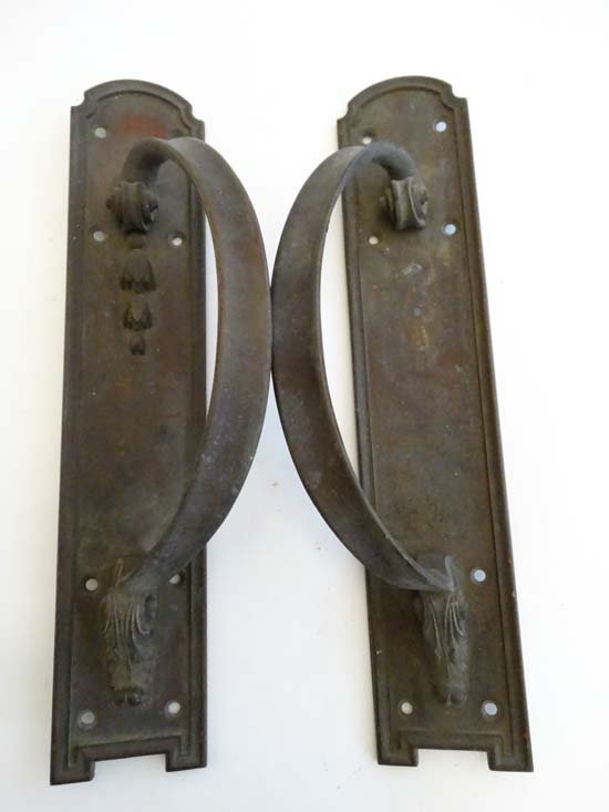 A pair of Gibbons of Wolverhampton bronze door handles: A pair of Gibbons of Wolverhampton bronze door handles bearing registration mark 470200 (1907) Approx 14 3/4" long . Barn Found Please Note - we do not make reference to the condition of lots within c