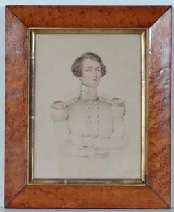 Benjamin Baldwin (fl. 1826-1847) Miniature in pencil: Benjamin Baldwin (fl. 1826-1847) Miniature in pencil and watercolour Portrait bust of a military gentleman Signed and dated ' 1845' under In a birds eye maple frame 7 3/4 x 5 3/4" Bears details of art