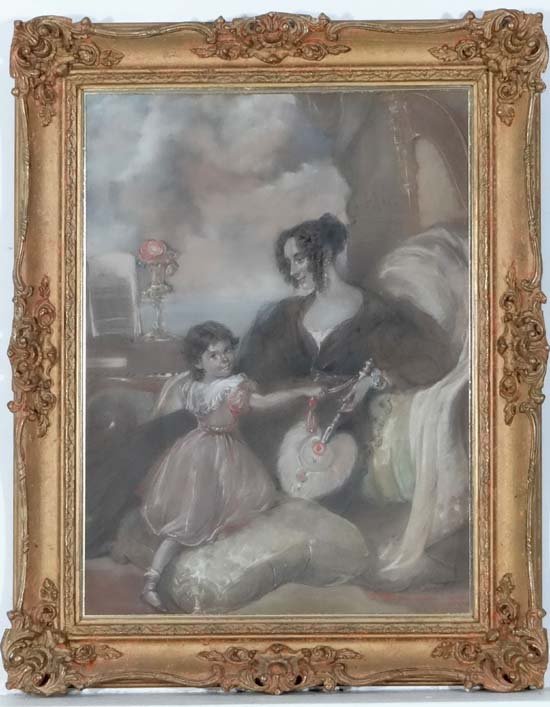 John Hayter (1800 - 1891), Coloured chalks and pastel,: John Hayter (1800 - 1891), Coloured chalks and pastel, Portrait of Mrs Nicholas Fitzgerald with her daughter (title verso), Signed and dated August 14th 1834 lower right together with the artist's add