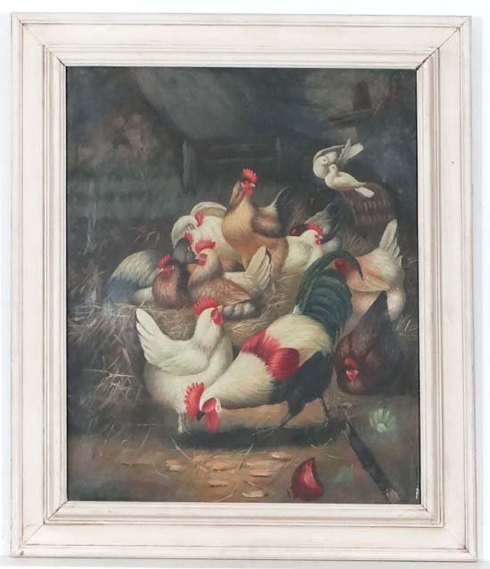 Follower of Edgar Hunt, (1876 - 1953), Oil on canvas: Follower of Edgar Hunt, (1876 - 1953), Oil on canvas under glass, Chickens in a hay barn beside two doves sitting on a wicker basket, Bears a signature lower right, 19 ½” x 16”