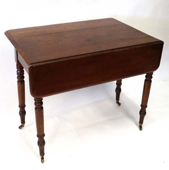 A 19thC mahogany Pembroke table with turned legs and: A 19thC mahogany Pembroke table with turned legs and drawer to one end 34 1/2" long Please Note - we do not make reference to the condition of lots within catalogue descriptions. We are however happy