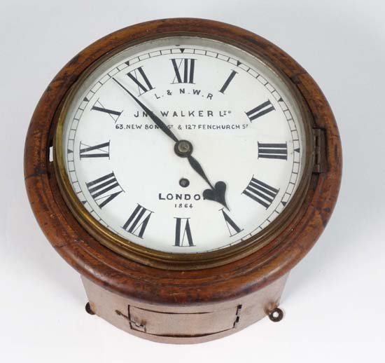 Railway Clock : A LNWR 8 " Fusee wall clock (timepiece): Railway Clock : A LNWR 8 " Fusee wall clock (timepiece) ,circa 1880 by ' John Walker 63 New Bond St & 127 Fenchurch Street, London ' no.' 1864 ', the 8 day movement housed within a shaped with pendulu